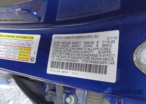 2019 Honda Accord Sport z USA, uszkodzony, nr VIN 1HGCV1F33KA043915